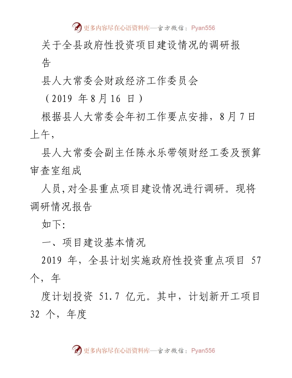 [调研报告] 政府投资项目 - 全县政府性投资项目建设情况调研报告.docx_第1页