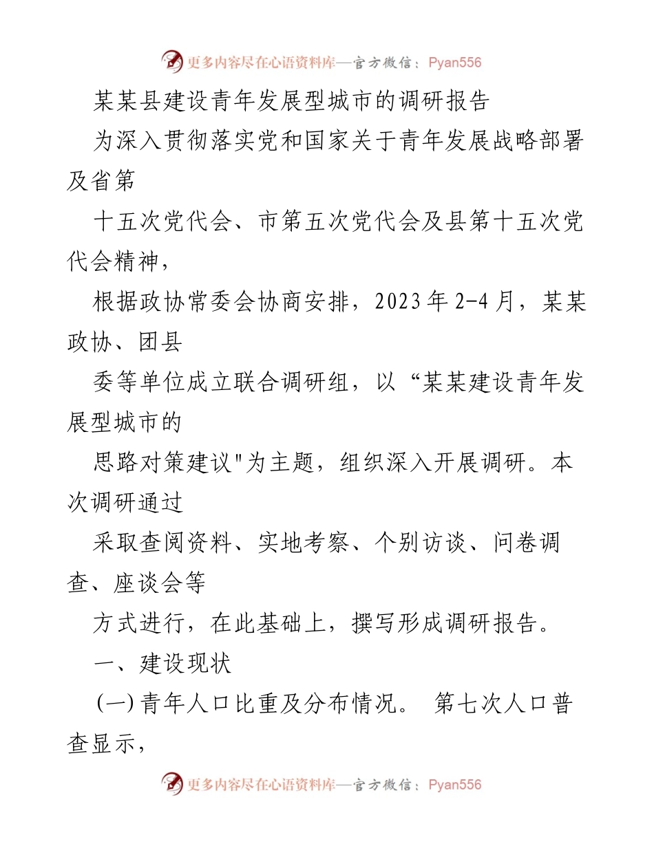 [调研报告] 青年发展型城市建设 - 某某县青年发展型城市建设调研报告.docx_第1页