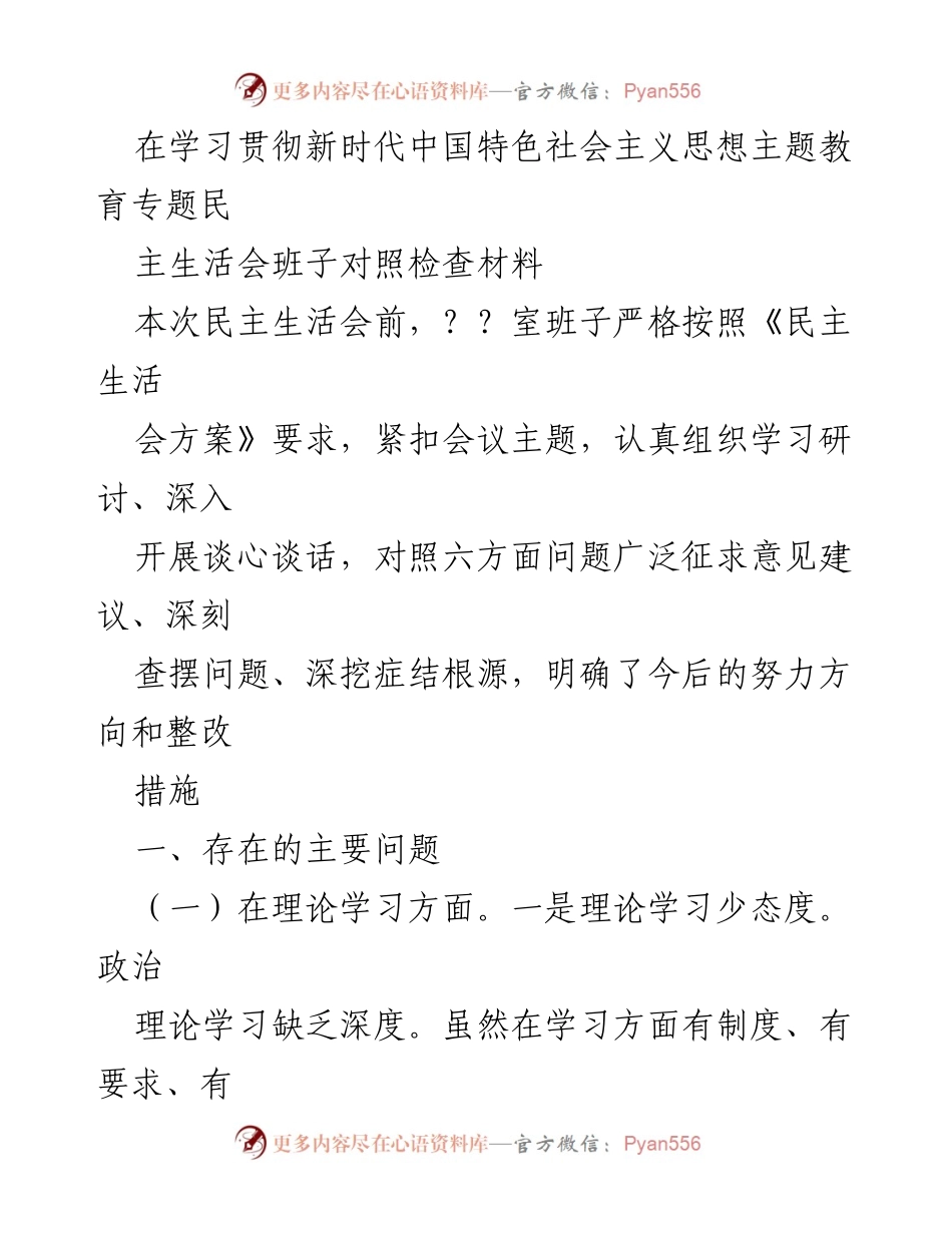 [调研报告] 民主生活会 - 班子对照检查与整改措施分析.docx_第1页