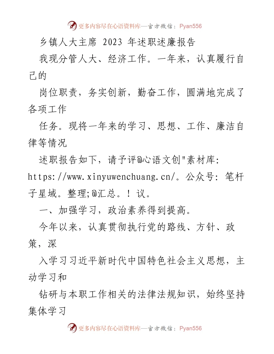 [述职报告] 乡镇人大主席 - 2023年度述职述廉报告总结.docx_第1页