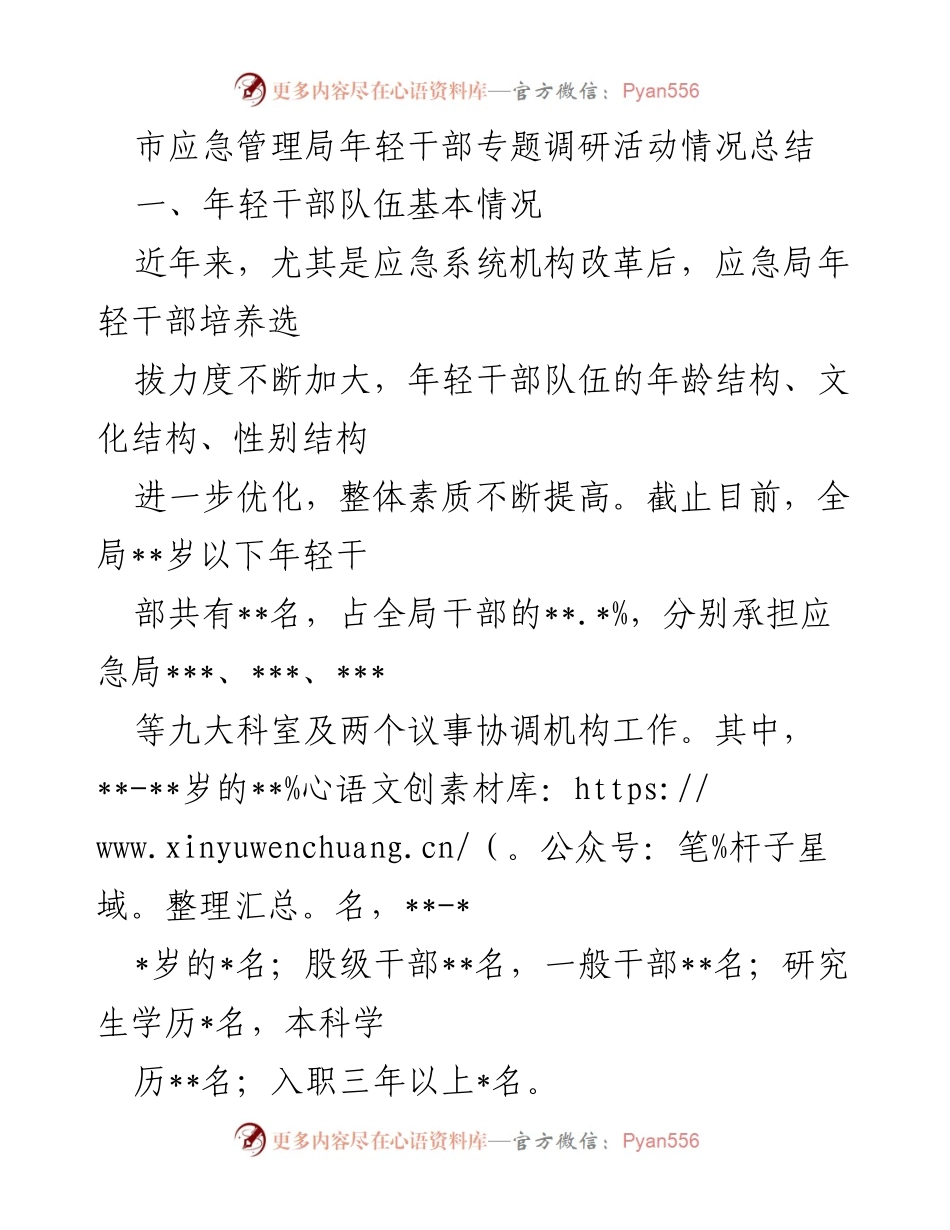[调研报告] 年轻干部培养 - 市应急管理局年轻干部专题调研活动总结与建议.docx_第1页