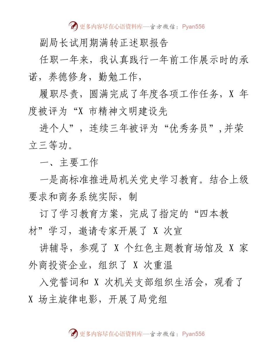 [述职报告] 副局长试用期满 - 副局长试用期满转正述职报告总结与工作成就.docx_第1页