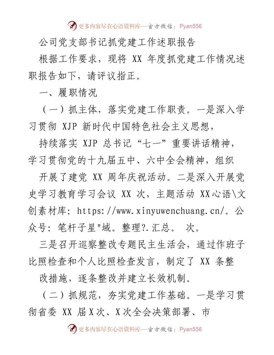 [述职报告] 公司党支部 - XX年度党建工作述职报告及存在问题分析.docx_第1页
