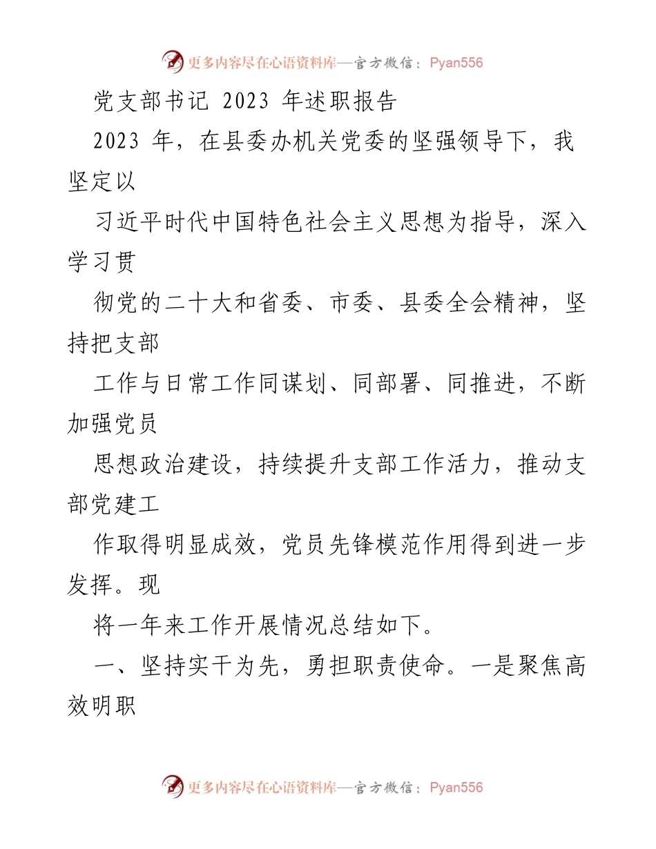 [述职报告] 党支部工作总结 - 2023年党支部书记述职报告.docx_第1页