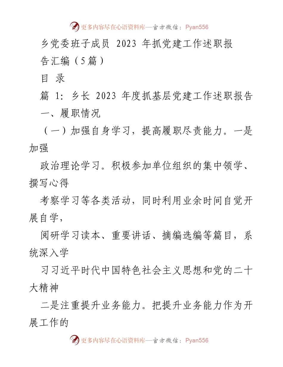 [述职报告] 乡党委 - 2023年度乡党委班子成员抓党建工作述职总结.docx_第1页