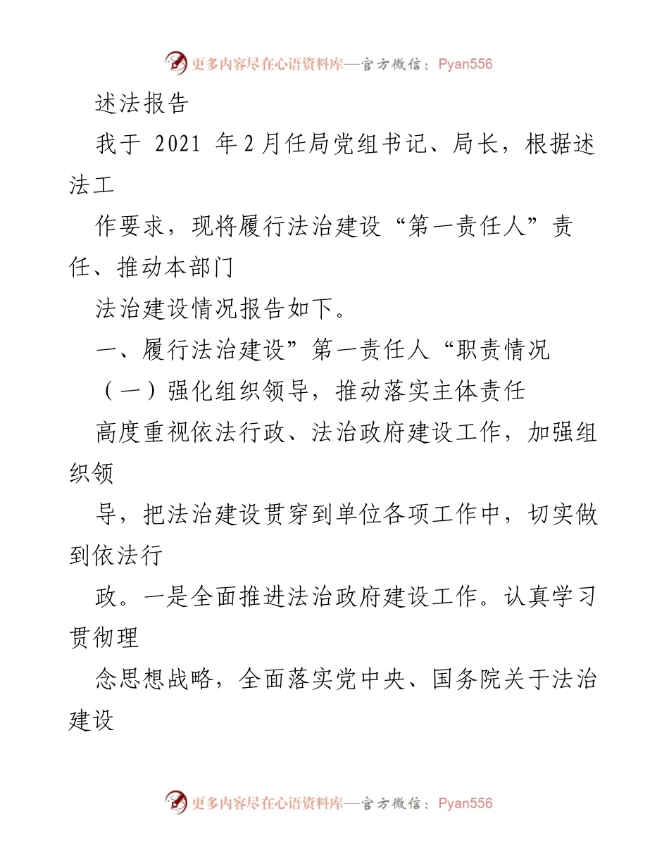 [述法报告] 法治建设工作总结 - 法治建设“第一责任人”履职情况报告.docx_第1页