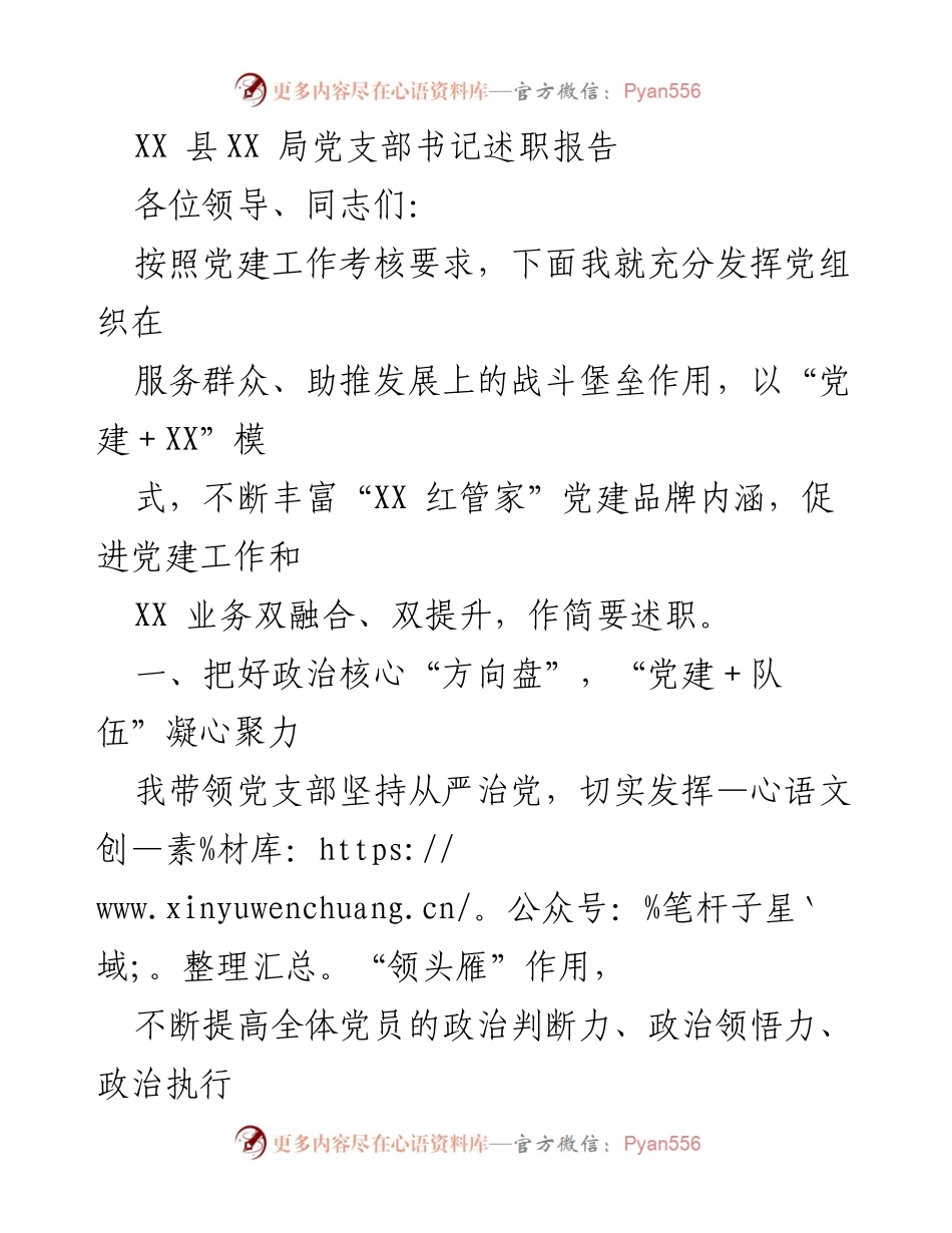 [述职报告] 党建工作 - XX县XX局党支部书记述职报告.docx_第1页