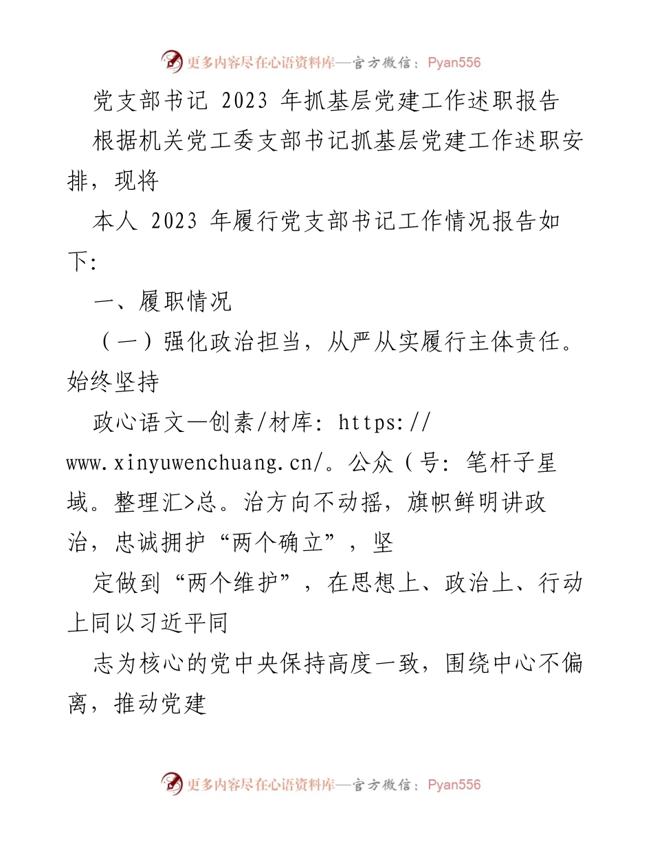 [述职报告] 党支部工作总结 - 2023年党支部书记基层党建工作述职报告.docx_第1页