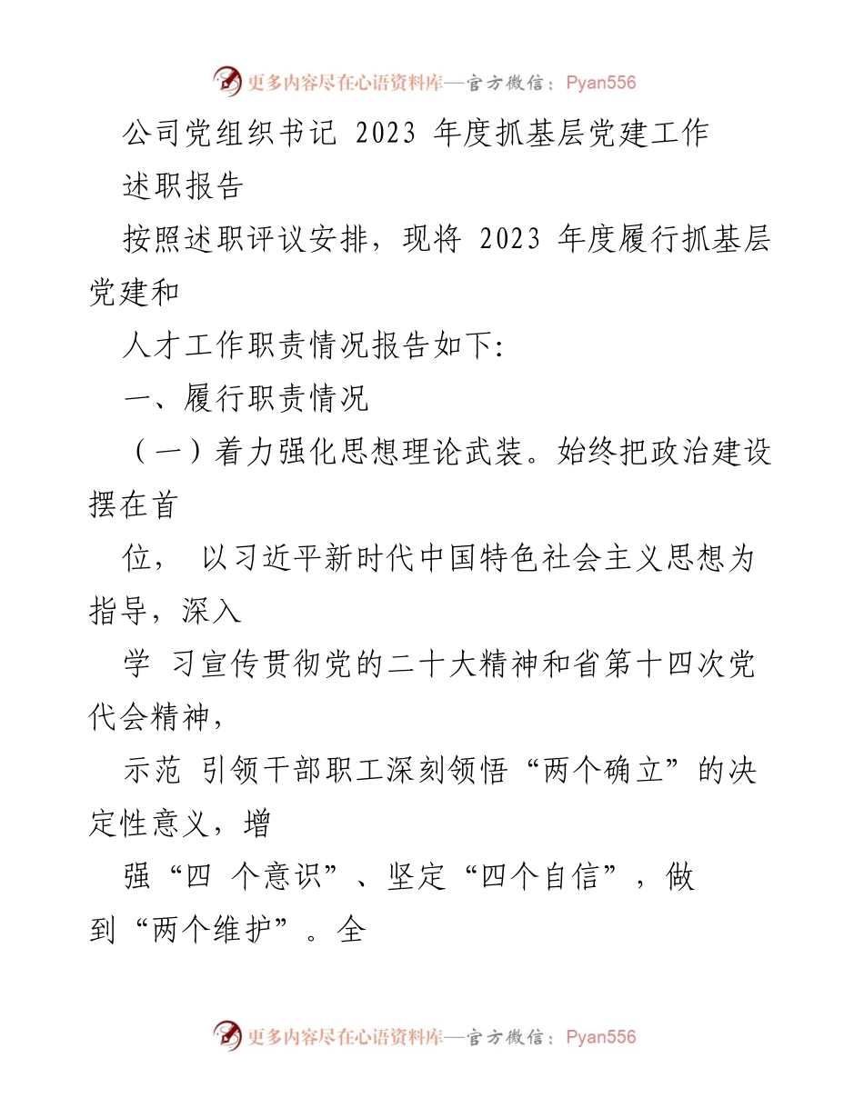 [述职报告] 公司党组织书记述职 - 2023年度基层党建工作总结与人才战略实施报告.docx_第1页