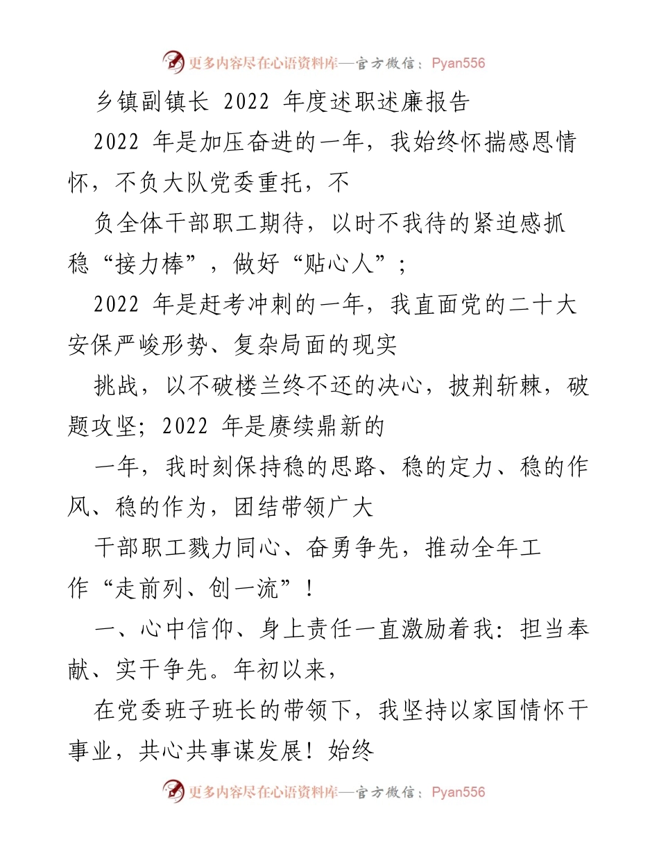 [述职报告] 乡镇副镇长 - 2022年度述职述廉总结.docx_第1页