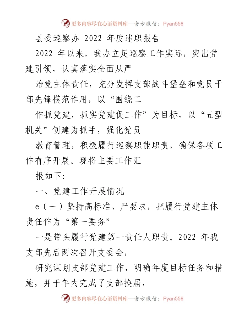 [述职报告] 县委巡察办 - 2022年度巡察工作述职总结_1.docx_第1页