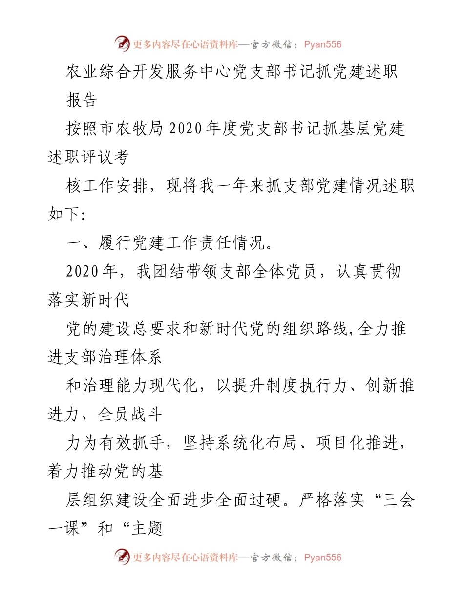 [述职报告] 党建工作 - 2020年度农业综合开发服务中心党支部书记党建工作述职报告.docx_第1页