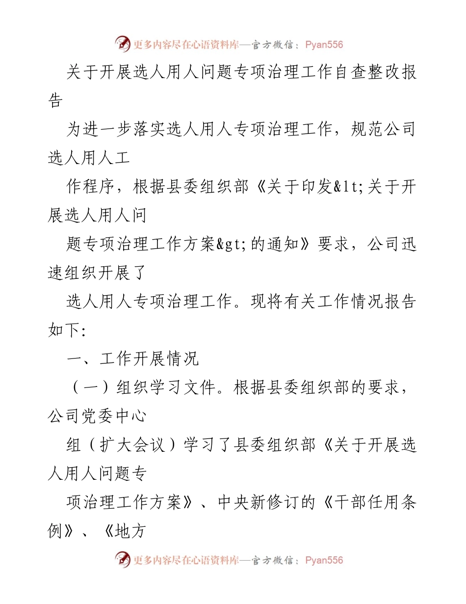 [调研报告] 选人用人专项治理 - 关于选人用人问题专项治理工作自查整改情况报告.docx_第1页