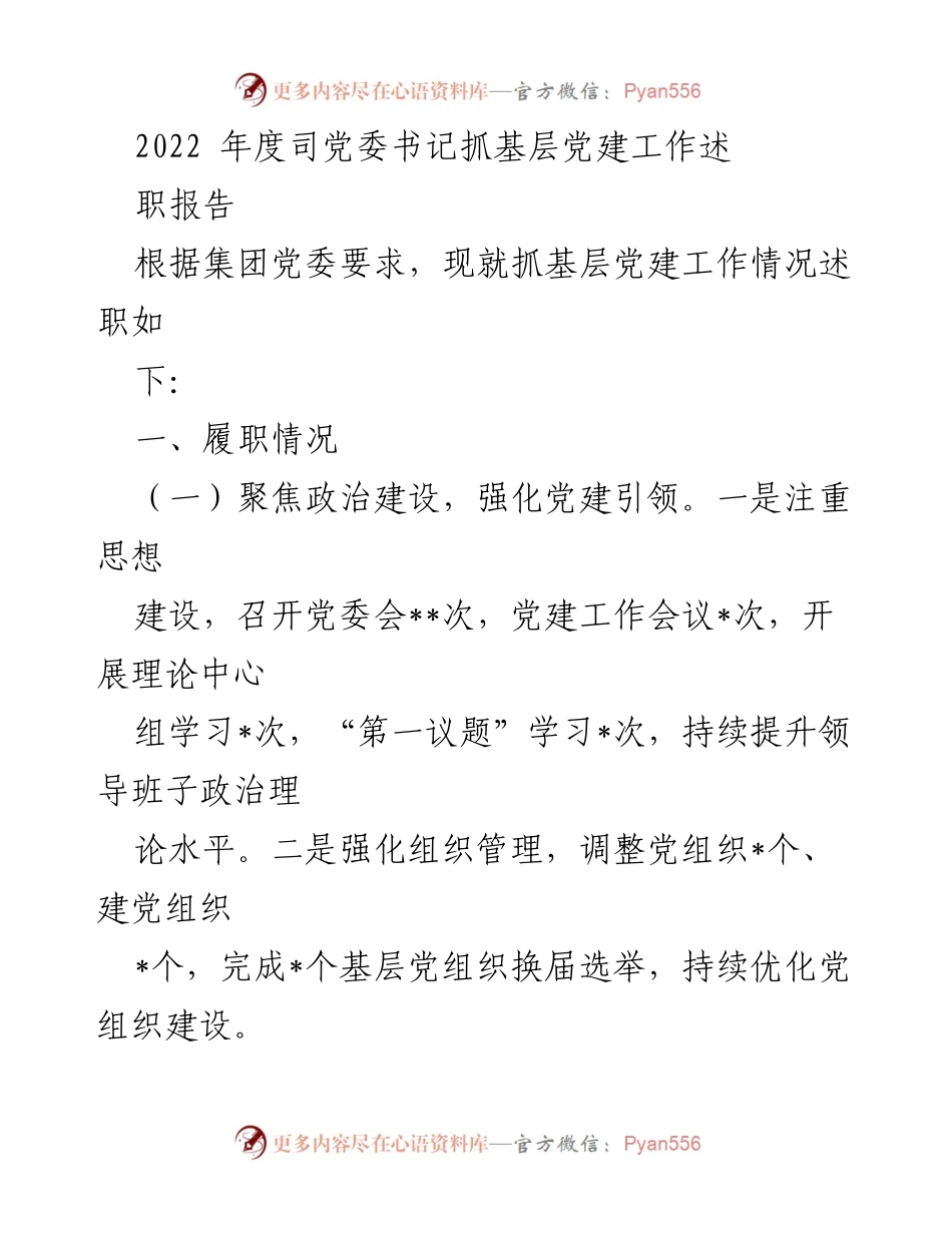 [述职报告] 党建工作 - 2022年度司党委书记基层党建工作述职报告.docx_第1页