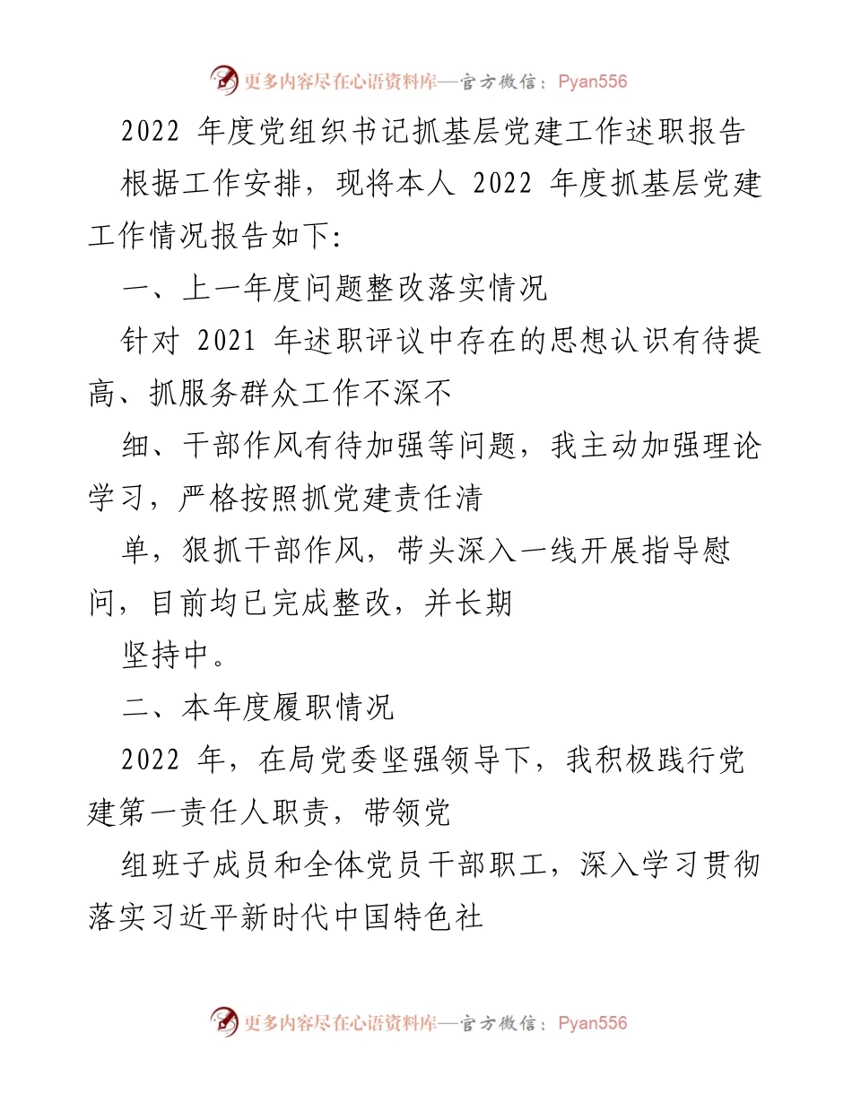 [述职报告] 党建工作 - 2022年度党组织书记基层党建工作述职报告.docx_第1页