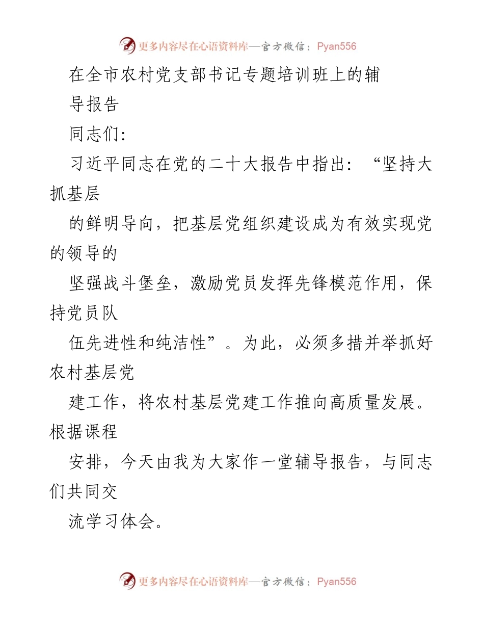 [辅导报告] 农村党支部书记专题培训班 - 农村基层党建高质量发展的重要性与实践路径.docx_第1页