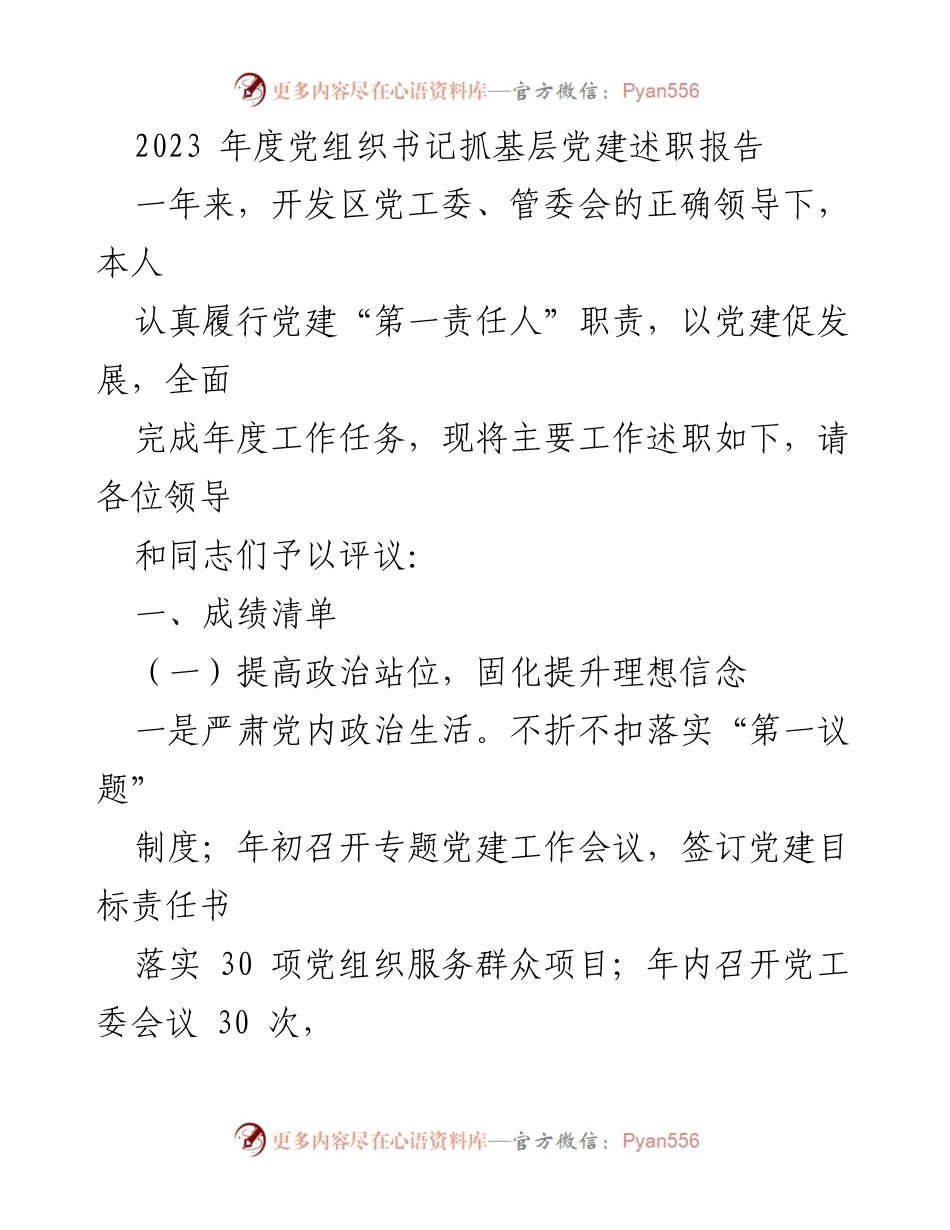 [述职报告] 党组织会议 - 2023年度基层党建工作述职报告.docx_第1页