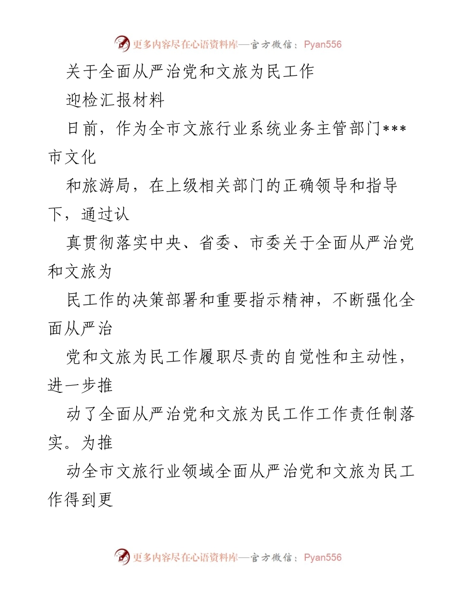 [迎检汇报材料] 文旅行业 - 推动全面从严治党与文旅为民工作的实践与成效.docx_第1页