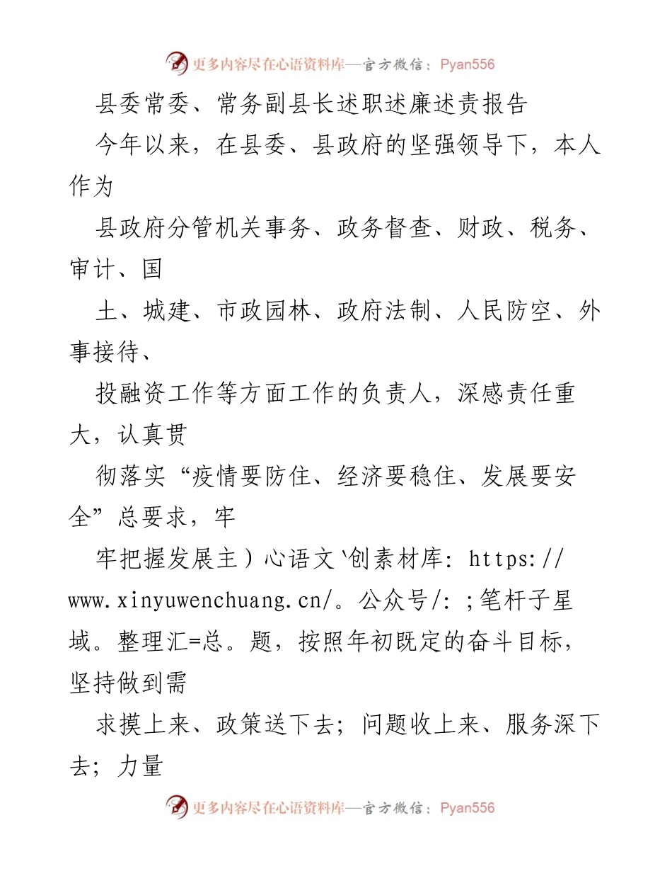 [述职报告] 县政府工作总结 - 县委常委述职述廉述责报告.docx_第1页