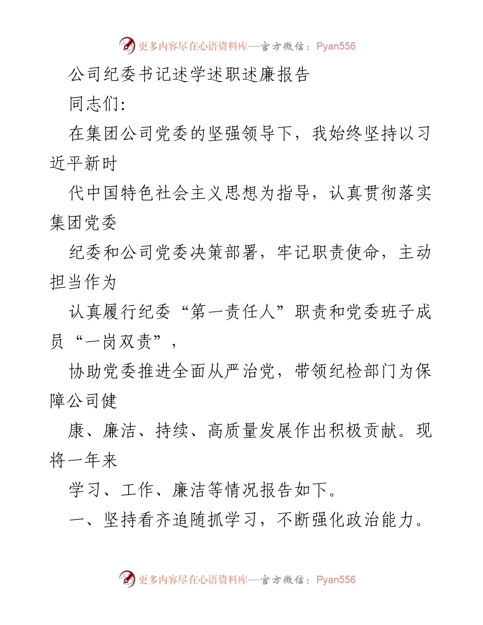 [述职报告] 公司纪委会议 - 公司纪委书记年度述职述廉报告.docx_第1页