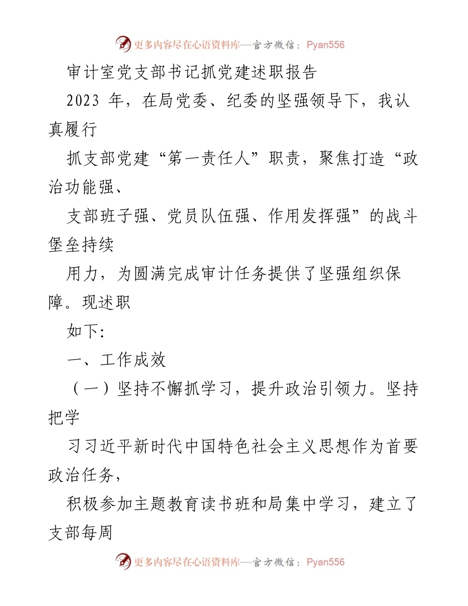 [述职报告] 党建工作会议 - 审计室党支部书记党建述职报告2023.docx_第1页