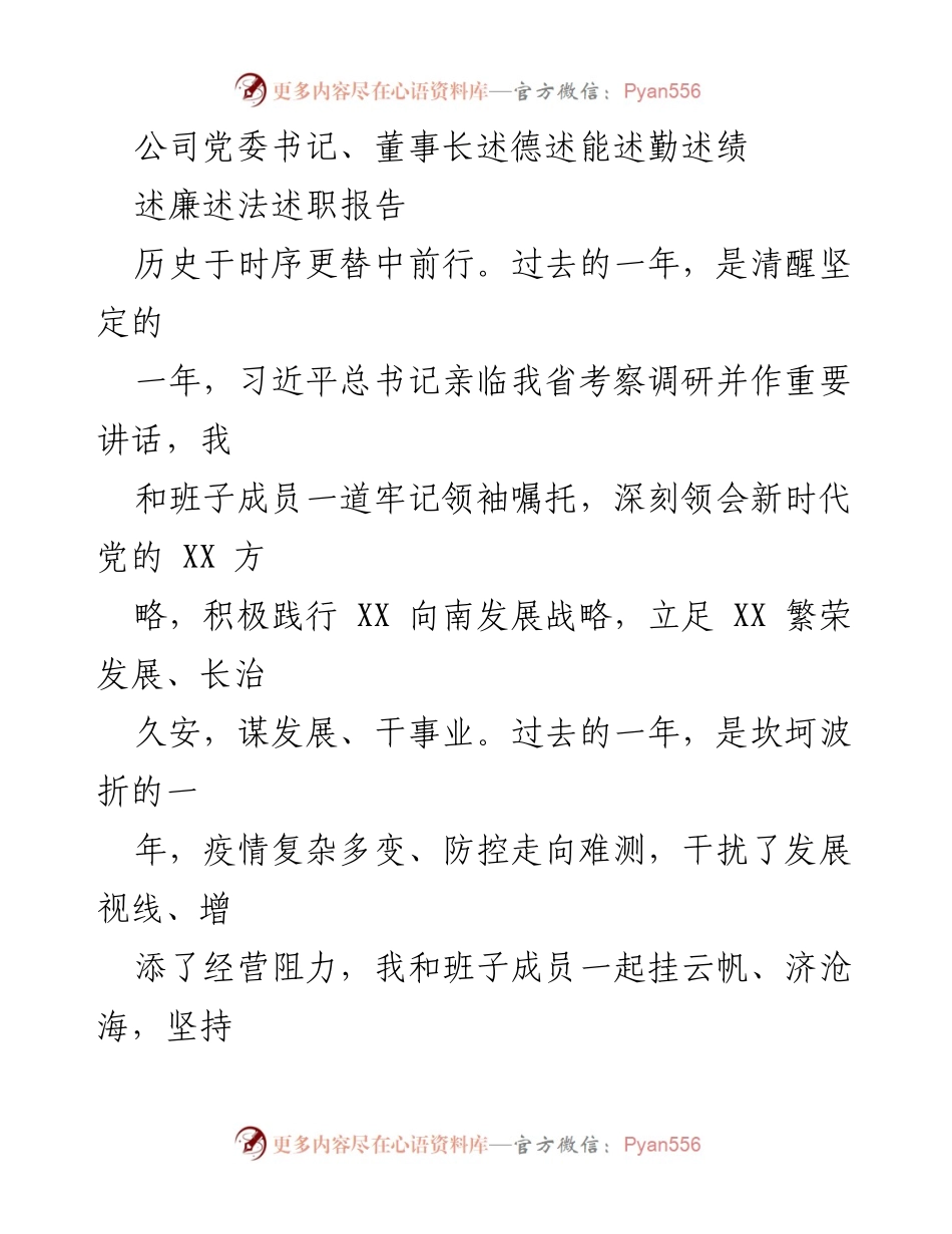 [述职报告] 公司年度工作总结 - 党委书记、董事长年度述职述廉报告.docx_第1页