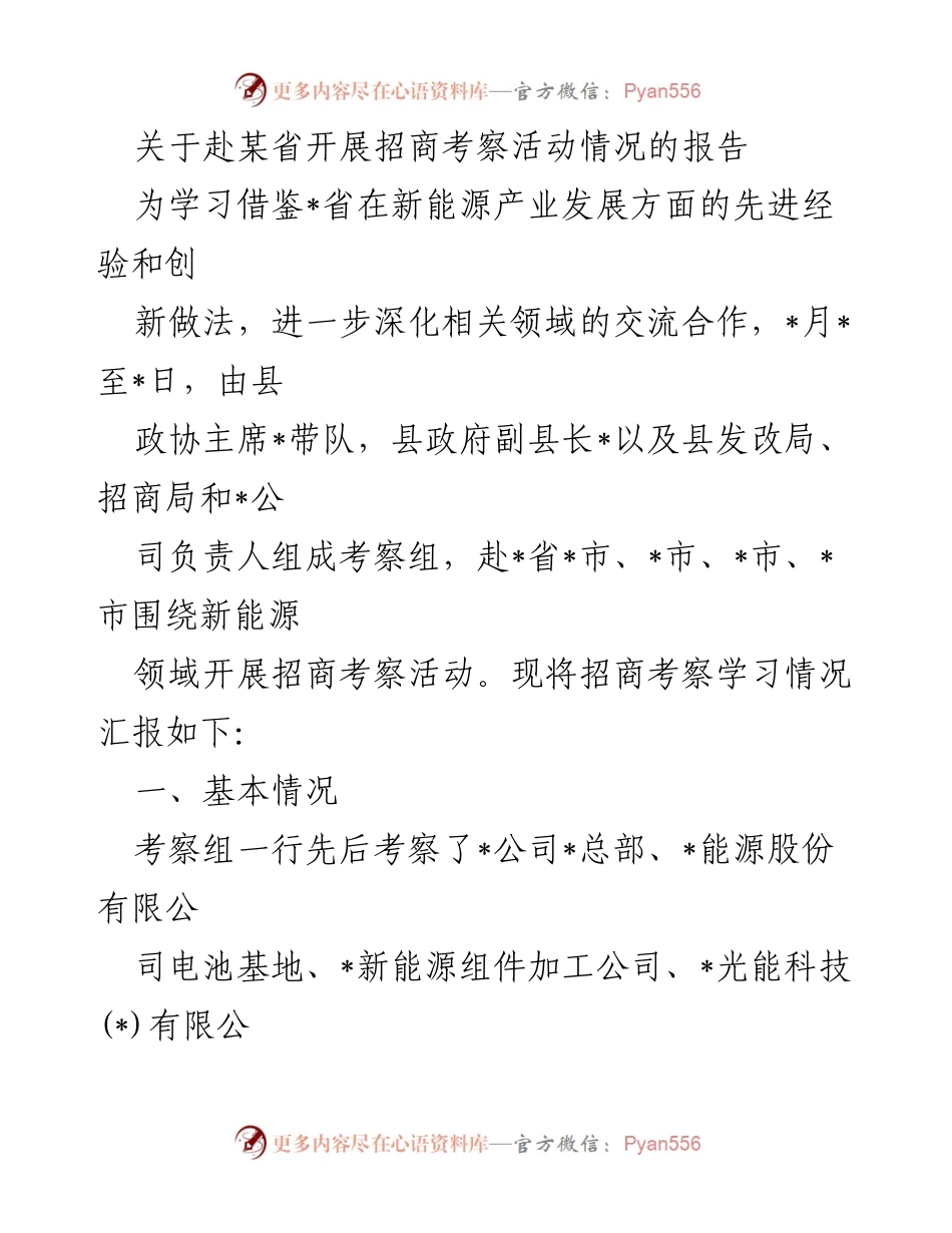 [调研报告] 招商考察活动 - 赴某省新能源产业招商考察活动情况报告.docx_第1页
