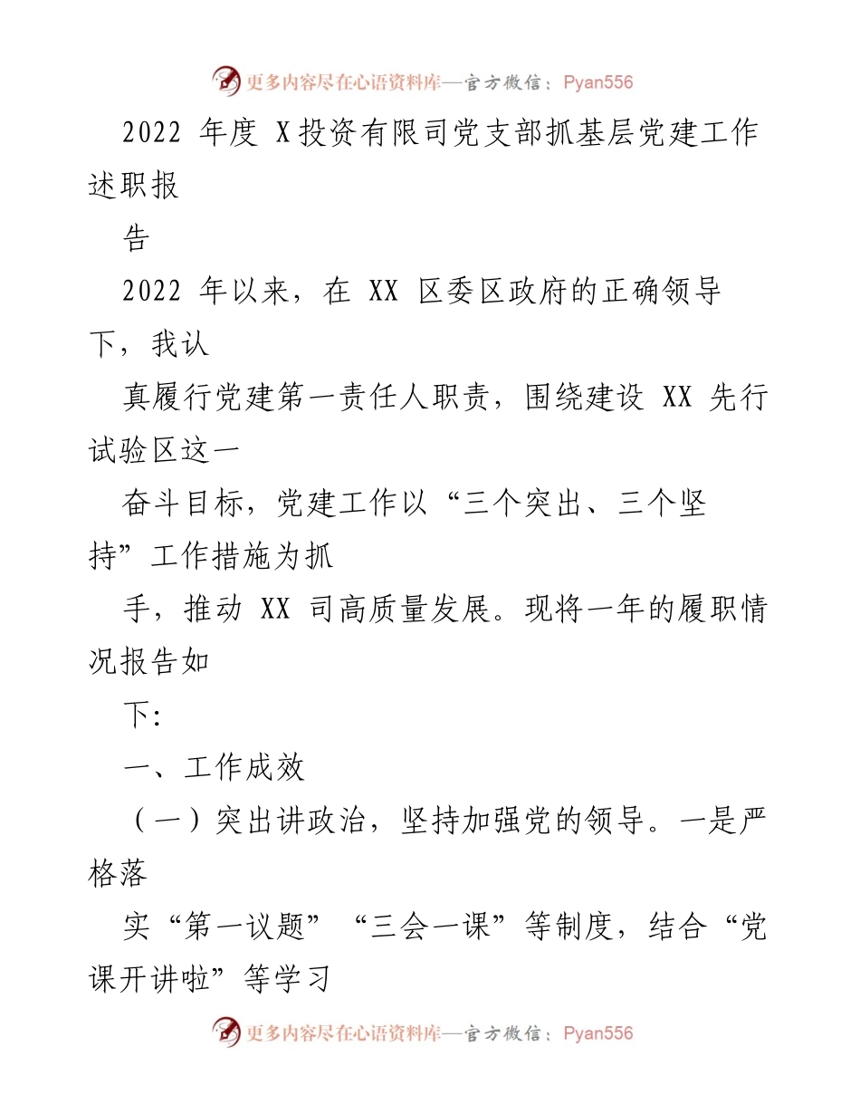 [述职报告] 党建工作总结 - 2022年度X投资有限公司党支部党建工作述职报告.docx_第1页