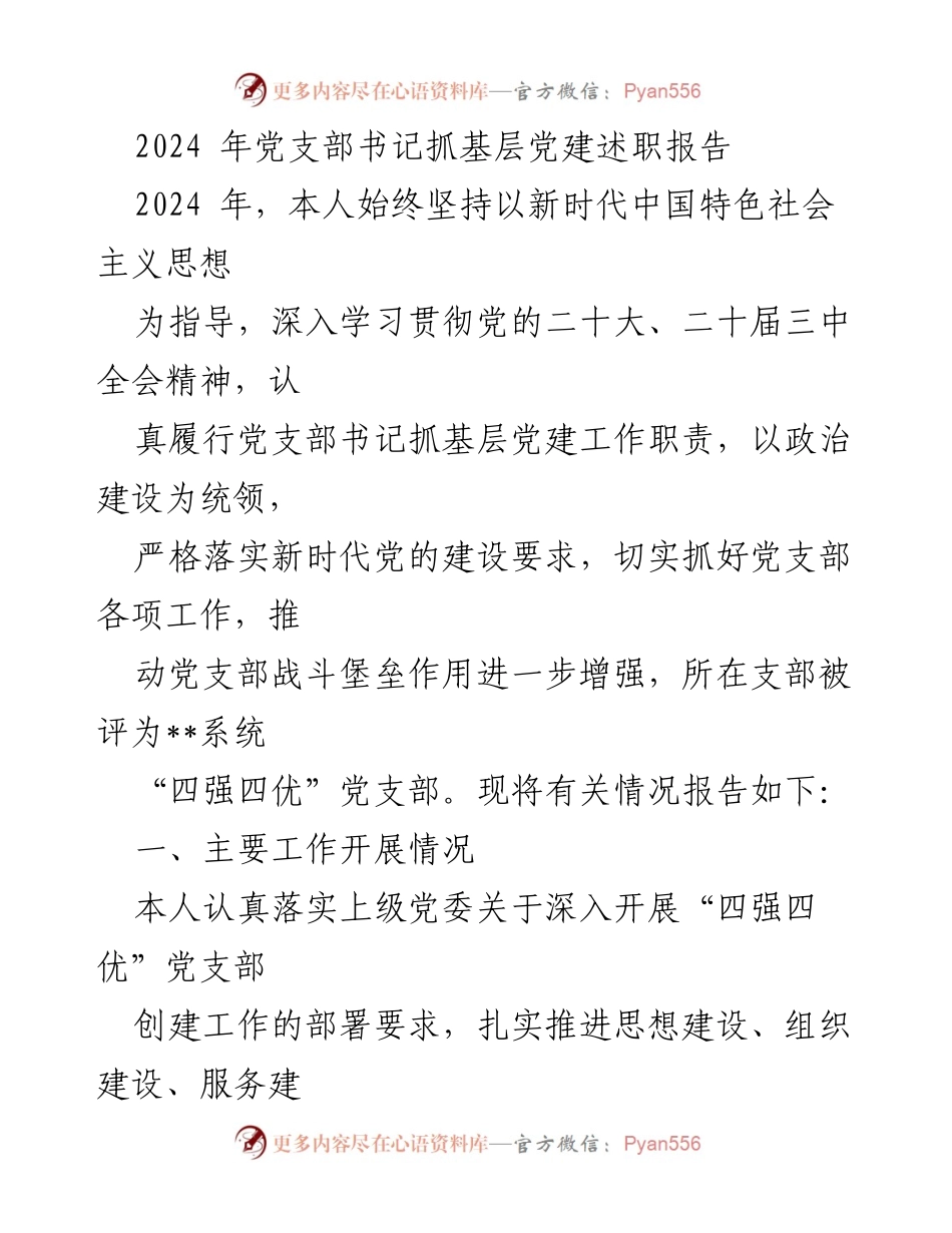 [述职报告] 党支部工作总结 - 2024年党支部书记抓基层党建工作述职报告.docx_第1页