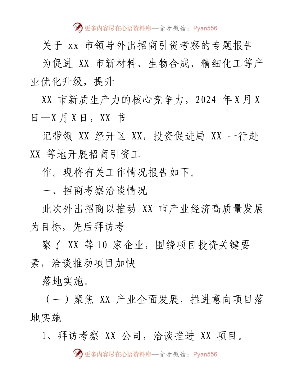[调研报告] 招商引资考察 - XX市领导外出招商引资考察工作专题报告.docx_第1页