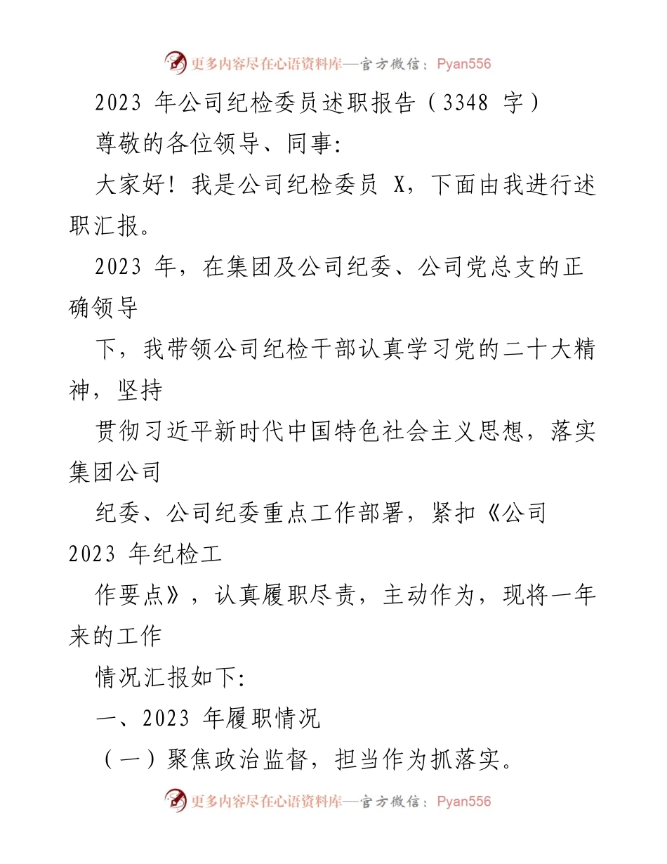 [述职报告] 公司年度会议 - 2023年纪检委员述职总结报告.docx_第1页