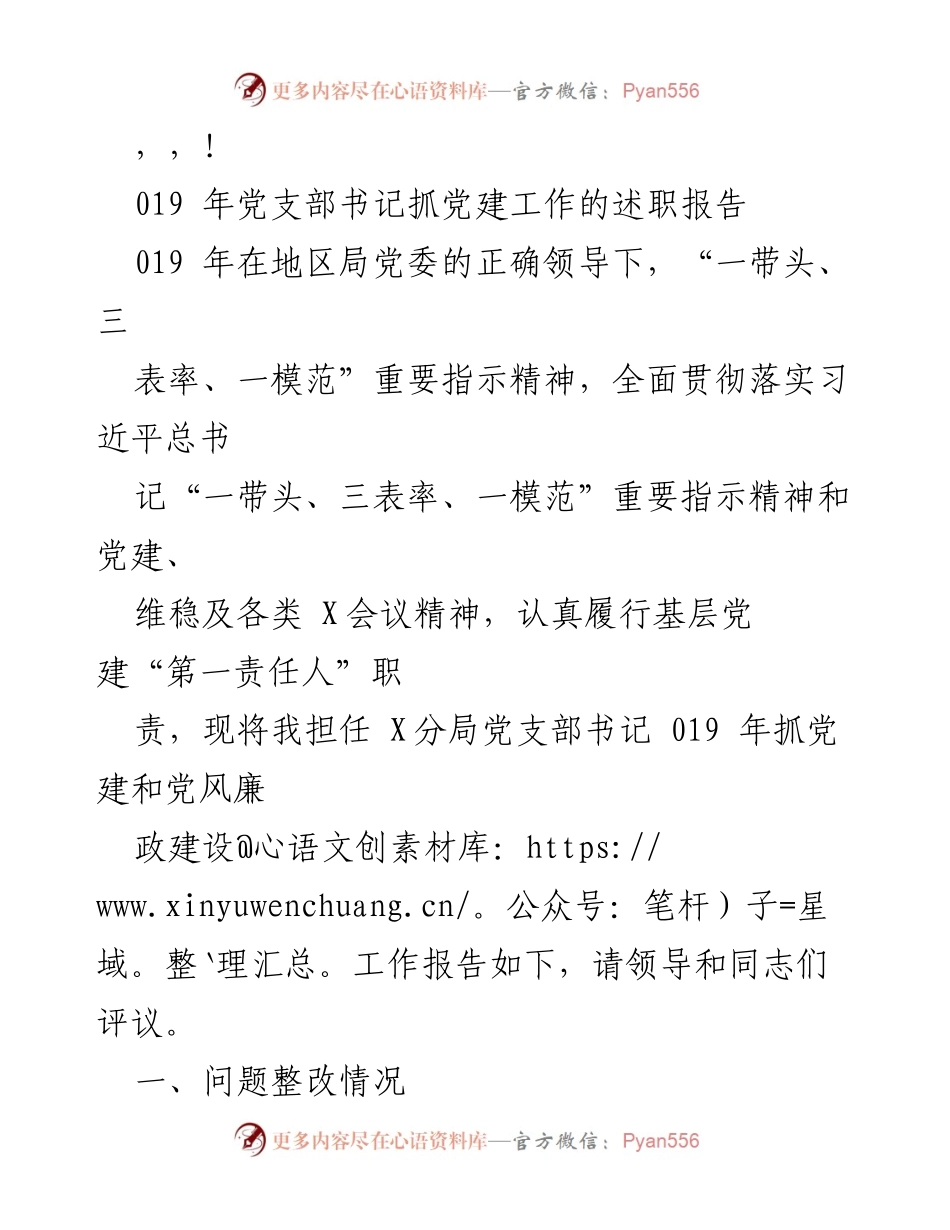 [述职报告] 019年党支部书记党建工作述职报告.docx_第1页