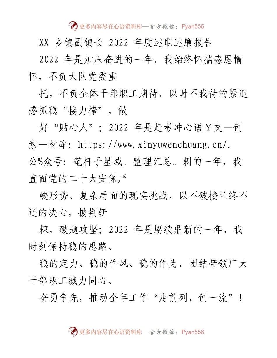 [述职报告] 乡镇政府 - XX乡镇副镇长2022年度述职述廉报告_1.docx_第1页