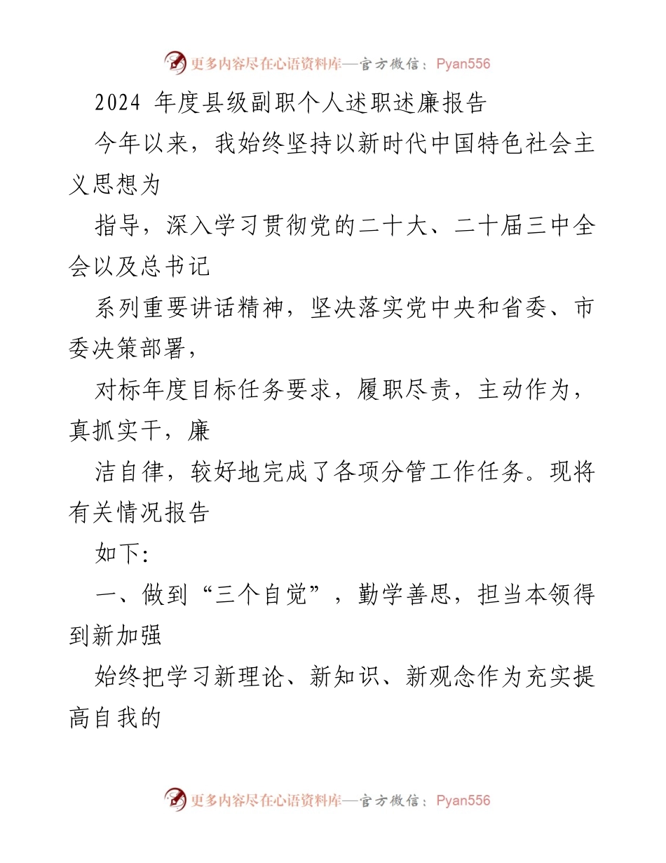 [述职报告] 县级副职 - 2024年度个人述职述廉报告.docx_第1页