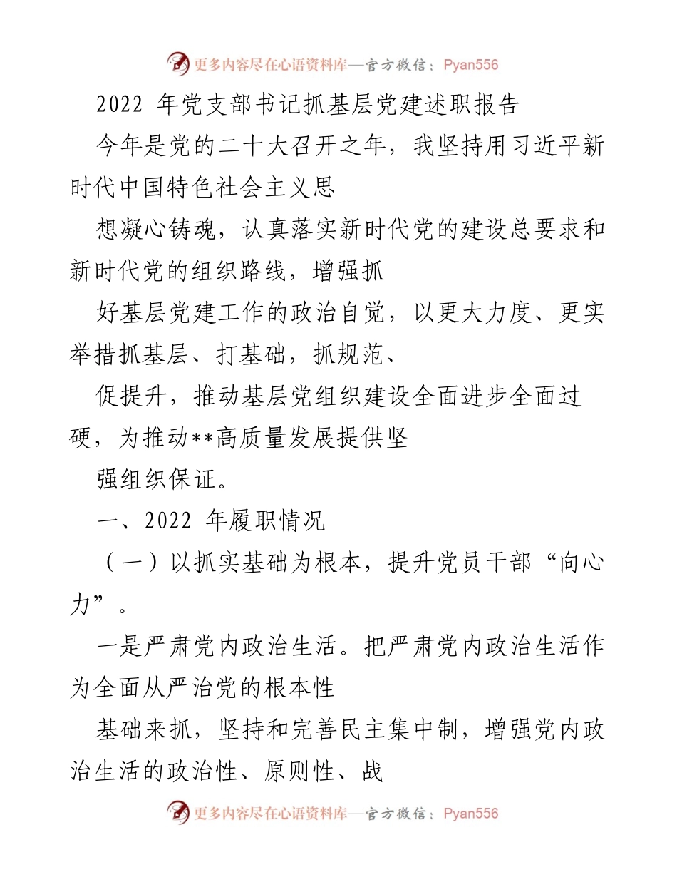 [述职报告] 党支部 - 2022年党支部书记抓基层党建述职报告.docx_第1页