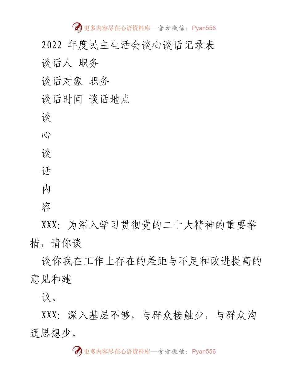 [谈话记录] 年度民主生活会 - 2022年度民主生活会谈心谈话记录.docx_第1页