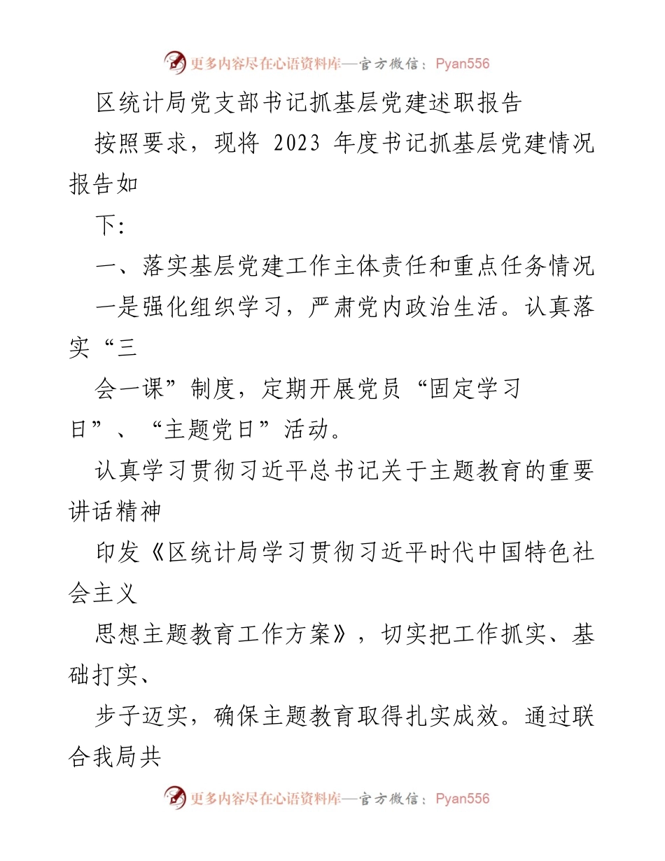 [述职报告] 党建工作 - 2023年度区统计局党支部书记抓基层党建述职报告.docx_第1页