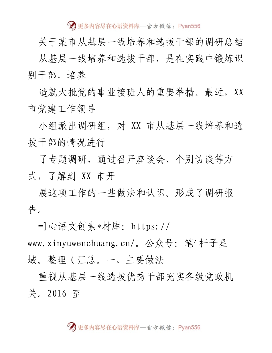 [调研报告] 某市干部选拔工作 - 某市基层干部培养与选拔调研总结.docx_第1页