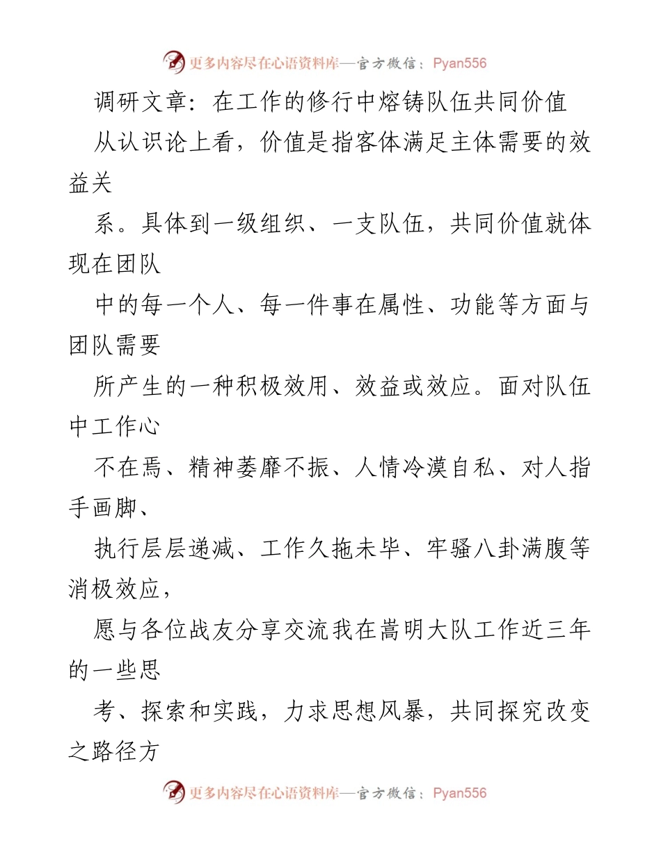[调研报告] 消防救援队伍建设 - 在工作修行中熔铸队伍共同价值的探索与实践.docx_第1页