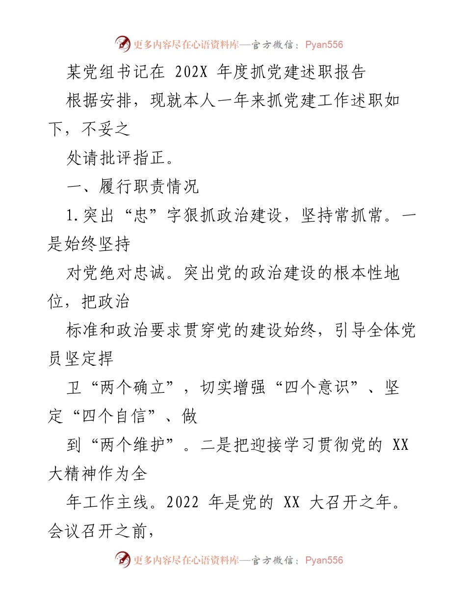 [述职报告] 党建工作 - 202X年度党建工作述职报告.docx_第1页