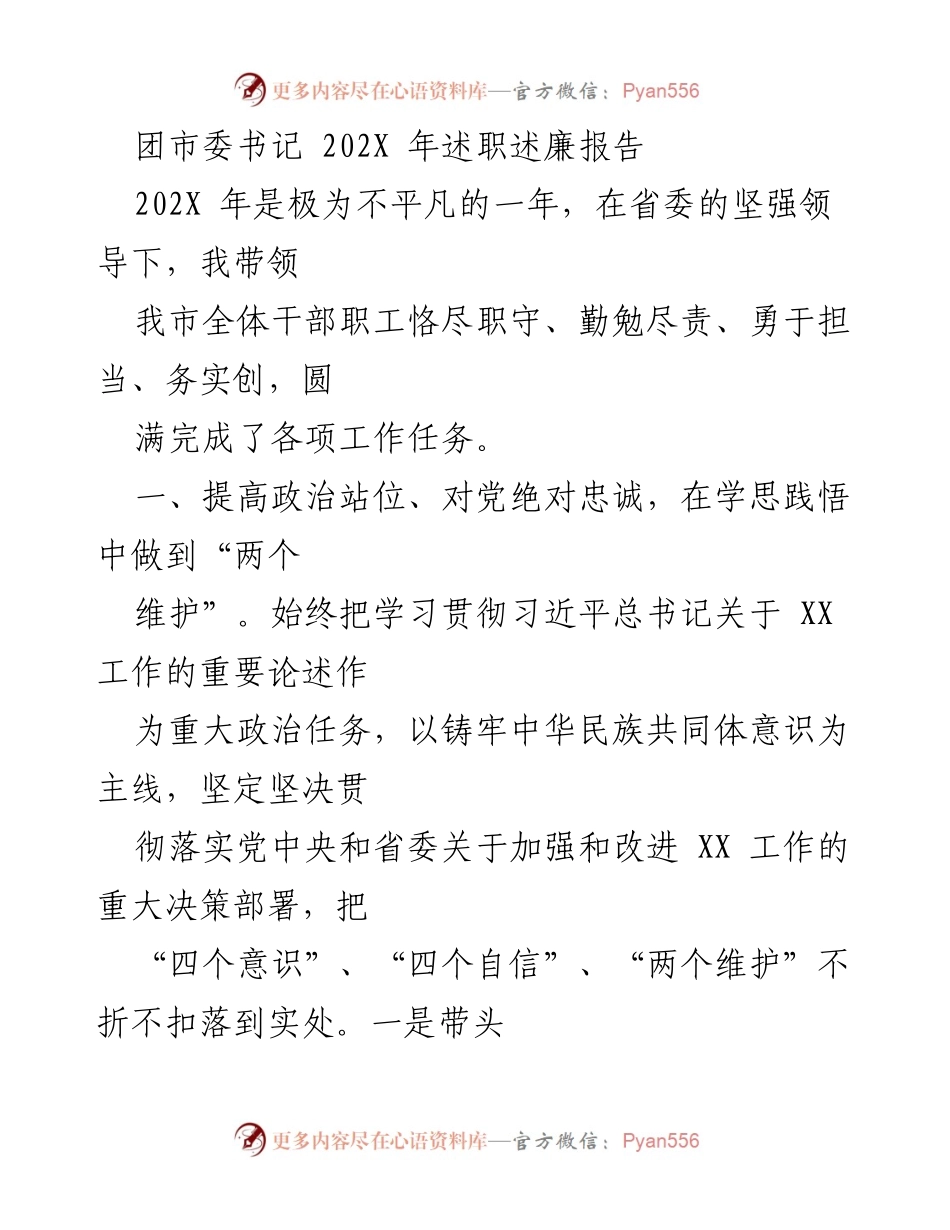 [述职报告] 团市委 - 202X年团市委书记述职述廉报告_1.docx_第1页