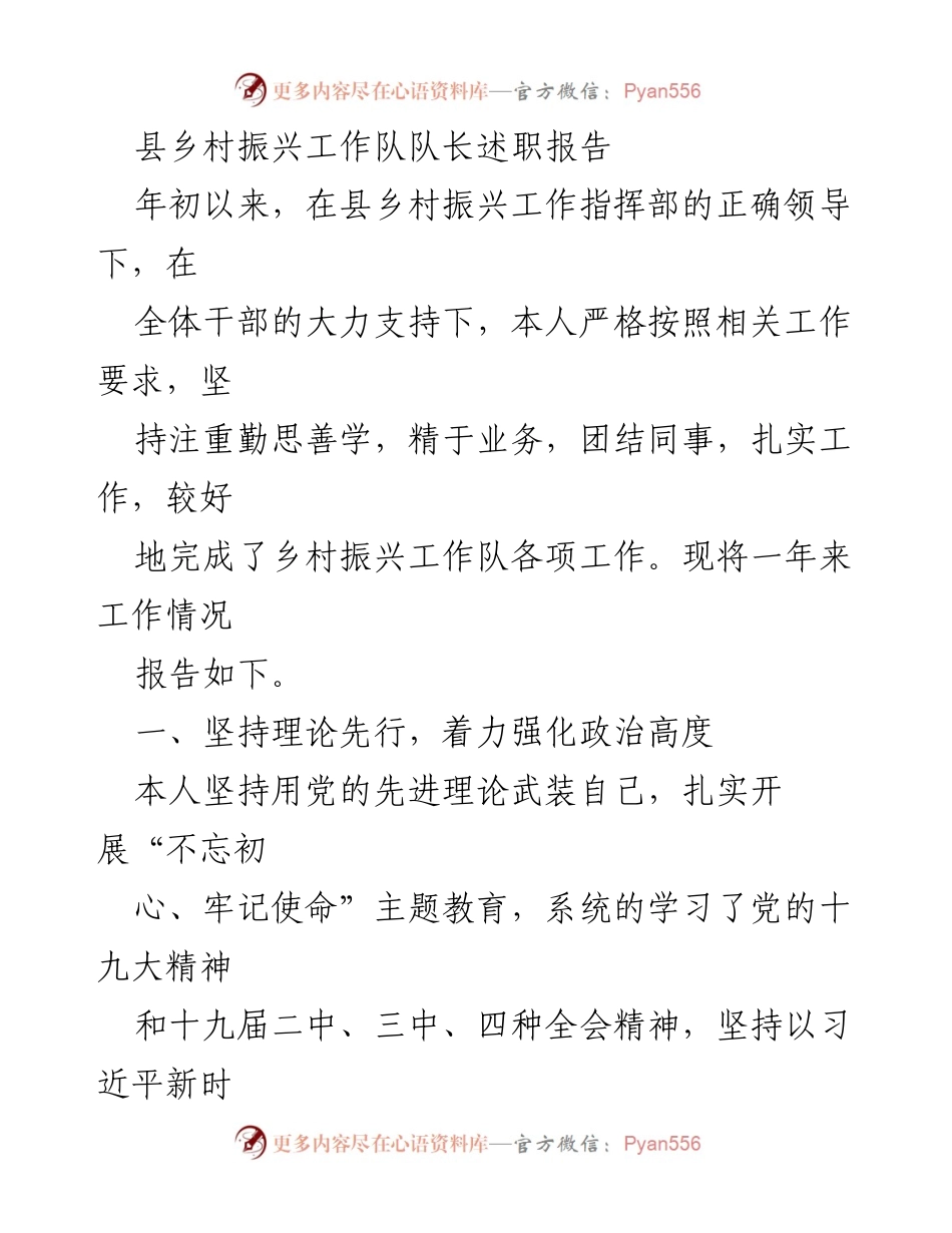 [述职报告] 县乡村振兴工作 - 县乡村振兴工作队队长年度述职总结.docx_第1页