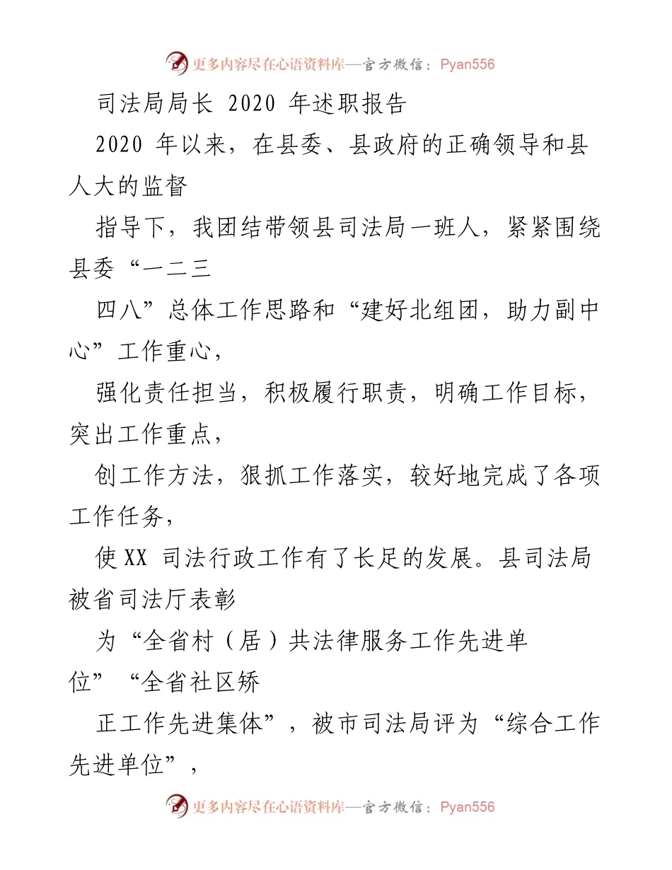 [述职报告] 司法局工作总结 - 2020年度司法局工作述职报告.docx_第1页