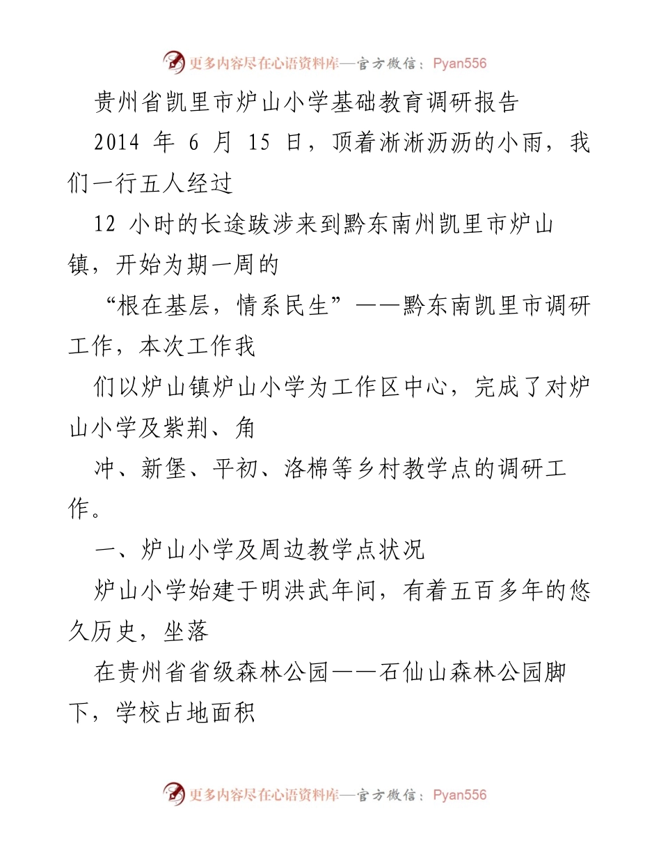 [调研报告] 教育调研 - 贵州省凯里市炉山小学基础教育调研总结.docx_第1页