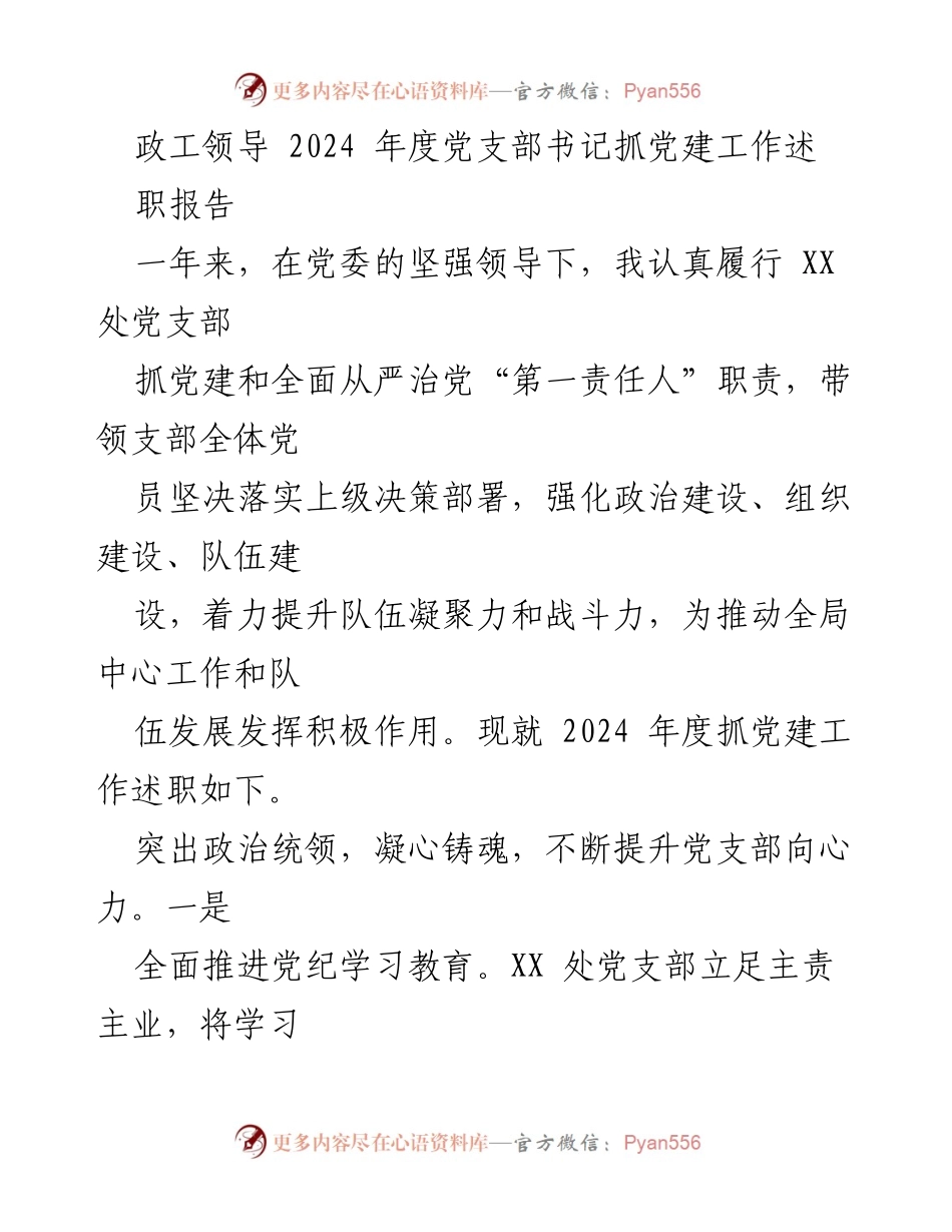 [述职报告] 党支部年度工作总结 - 2024年度党支部书记抓党建工作述职报告.docx_第1页