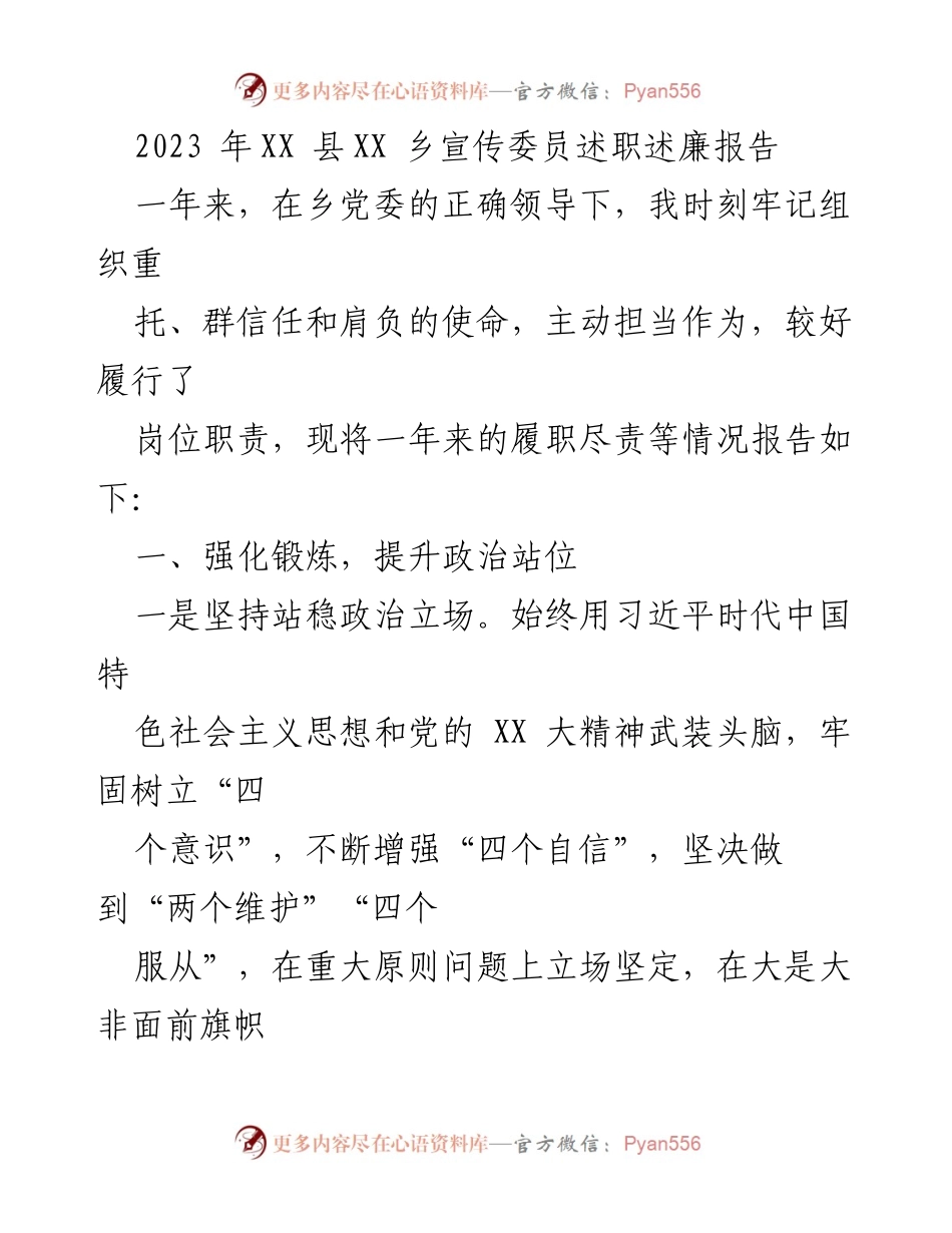 [述职报告] 乡镇会议 - 2023年XX乡宣传委员述职述廉报告.docx_第1页