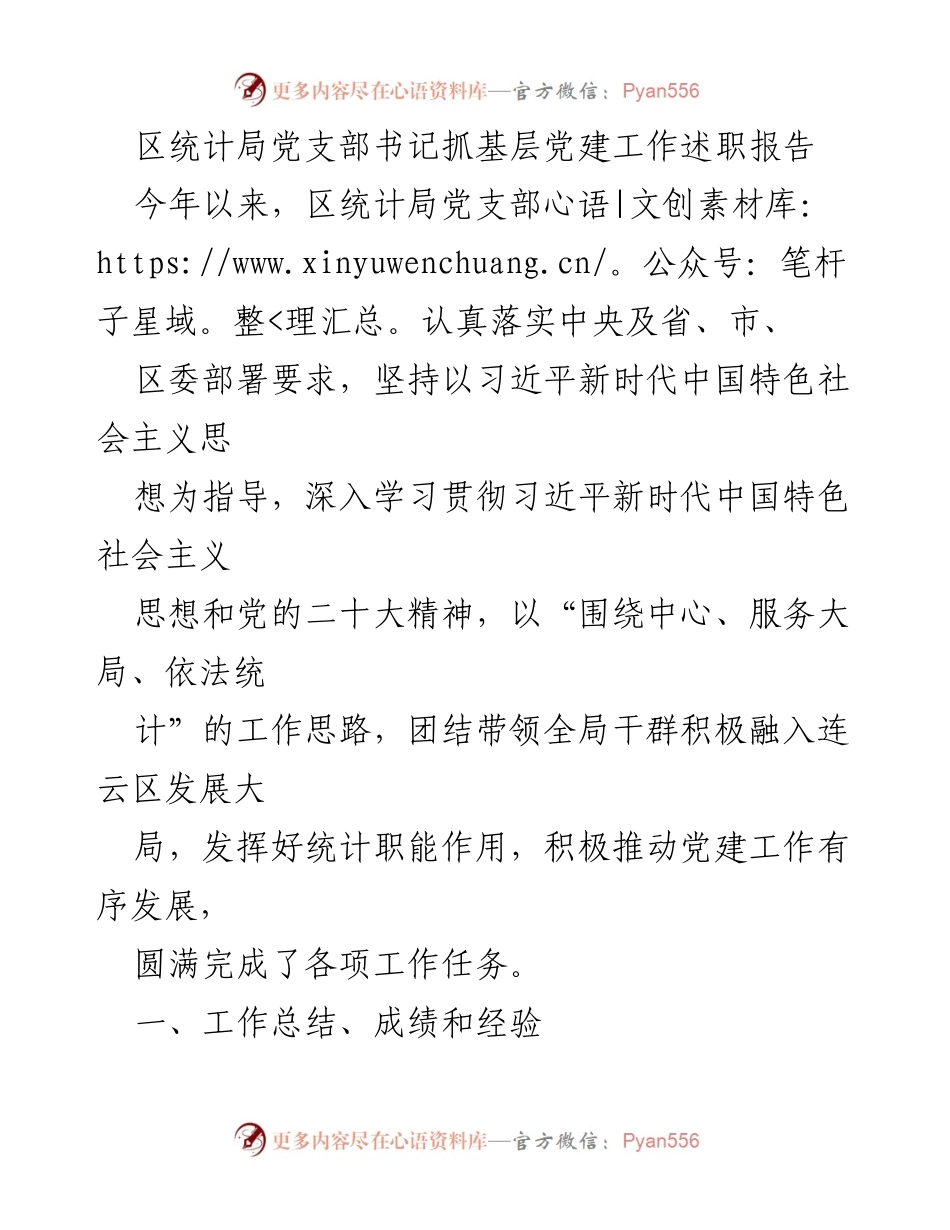 [述职报告] 党建工作 - 区统计局党支部书记抓基层党建工作述职报告.docx_第1页