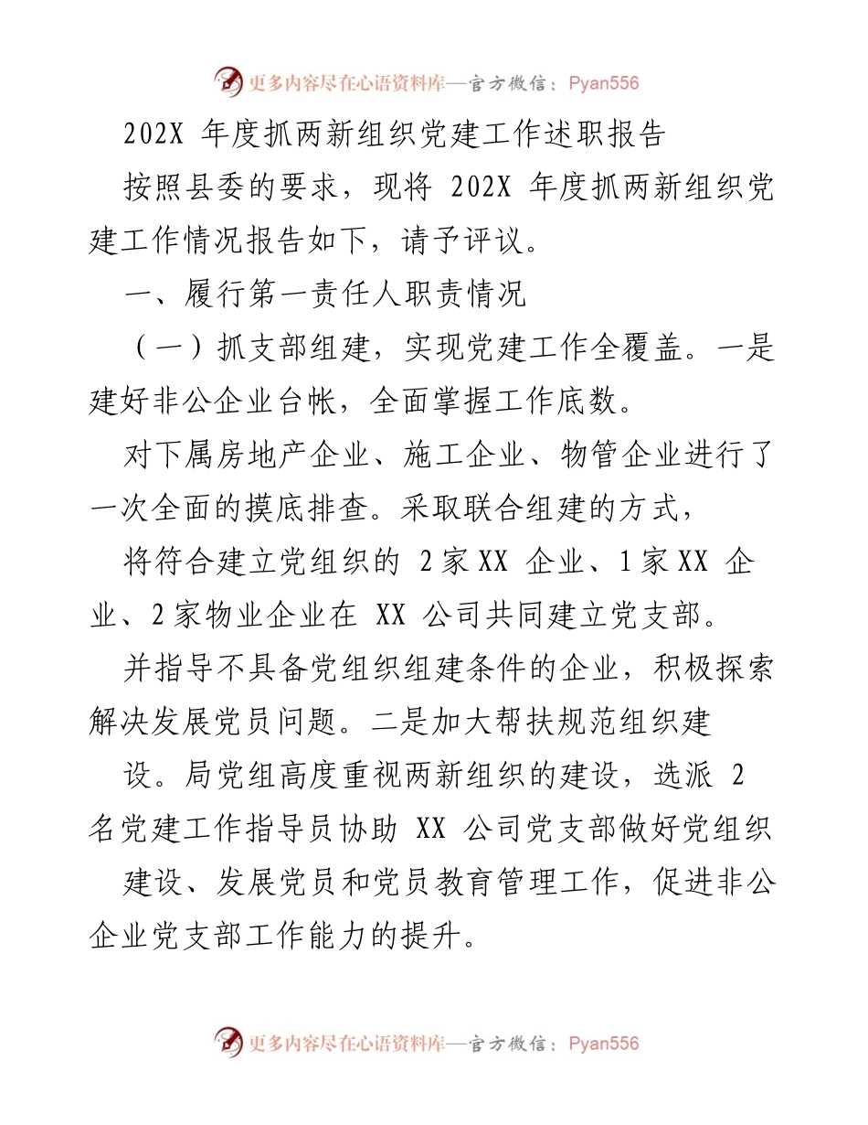 [述职报告] 党建工作 - 202X年度抓两新组织党建工作述职报告.docx_第1页