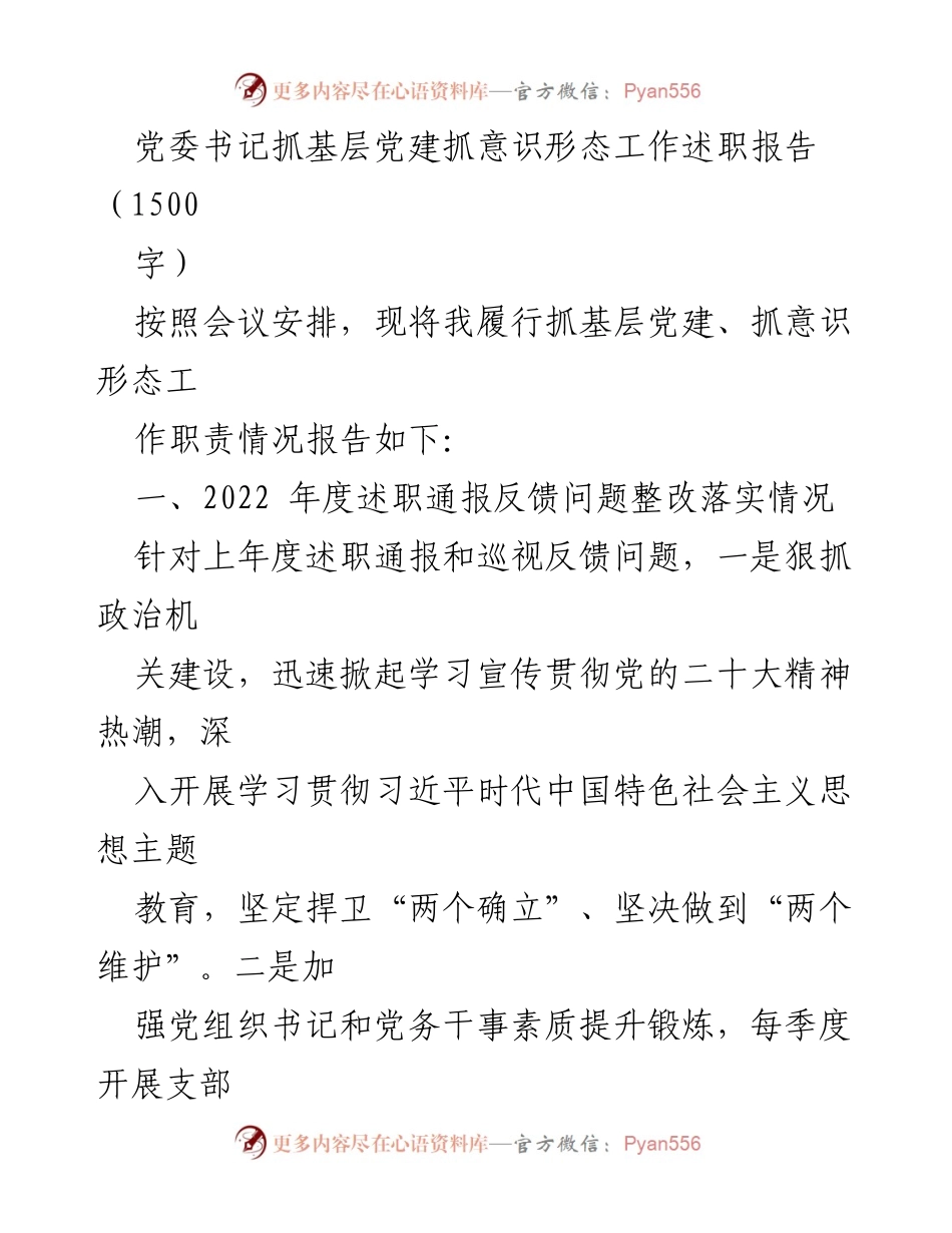 [述职报告] 党委会议 - 党委书记抓基层党建与意识形态工作述职总结_1.docx_第1页