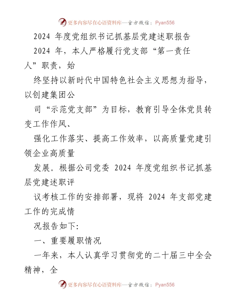 [述职报告] 党建工作 - 2024年度党组织书记抓基层党建述职报告.docx_第1页